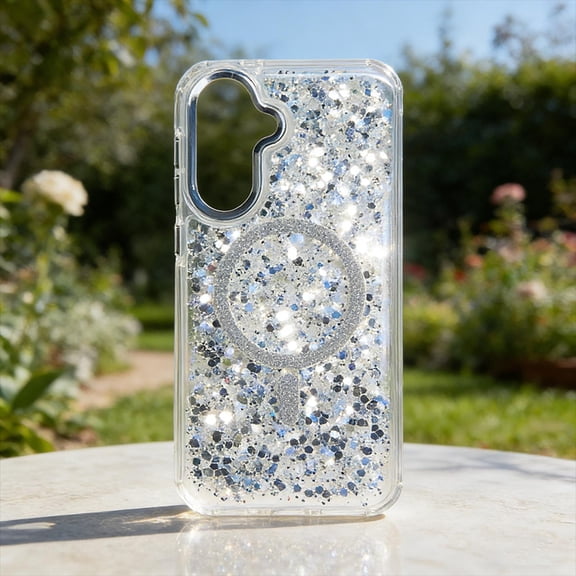 For Samsung Galaxy A06 Phone Case,Compatible with Wireless Charging,Bling Glitter Sequins Back Design,Dazzling Cute Cover,Shockproof Ultra Slim Anti-fall Drop Protection,Rugged Phone Case,White