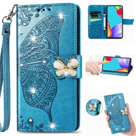 for Samsung Galaxy A06 Phone Case Wallet, Women Flip Folio Cover with Credit Card Holders Diamond Emboss Butterfly Flower PU Leather Purse Wrist Strap Kickstand Case for A06, Blue