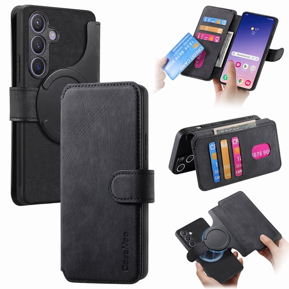 For Samsung Galaxy A06 Phone Cover Detachable Magnetic Front Case Hard PC Back Case Stand Feature Card Pocket & Credit Slot Shock-Absorbent Dustproof Wallet Phone Case for Men or Women, Black