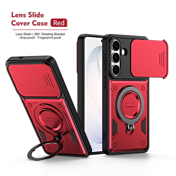 For Samsung Galaxy A07 Case, Military Grade Heavy Duty Shockproof Cover with Slide Camera Lens Protection 360° Rotatable Ring Magnetic Kickstand, Rugged PC & TPU Dual Layer Bumper,Red