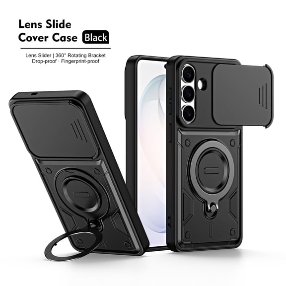 For Samsung Galaxy A07 Case, Military Grade Heavy Duty Shockproof Cover with Slide Camera Lens Protection 360° Rotatable Ring Magnetic Kickstand, Rugged PC & TPU Dual Layer Bumper,Black