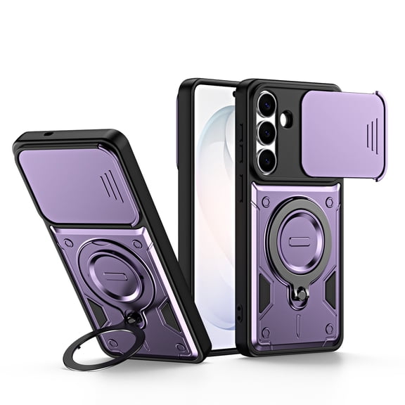 For Samsung Galaxy A07 Case, Military Grade Heavy Duty Shockproof Cover with Slide Camera Lens Protection 360° Rotatable Ring Magnetic Kickstand, Rugged PC & TPU Dual Layer Bumper,Purple