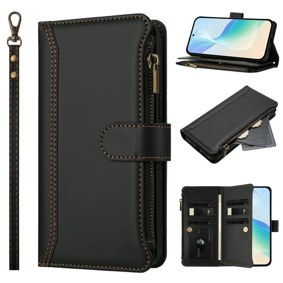 for Samsung Galaxy A07 Flip Wallet Case, PU Leather Protective Rugged Cover with Credit Card Slots Zipper Pocket, Shock-Absorbent Kickstand Magnetic Closure Lanyard & Shoulder Strap, Black