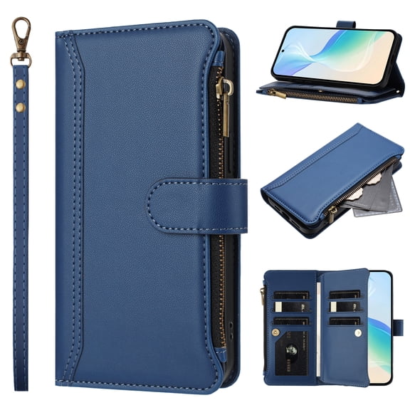 for Samsung Galaxy A07 Flip Wallet Case, PU Leather Protective Rugged Cover with Credit Card Slots Zipper Pocket, Shock-Absorbent Kickstand Magnetic Closure Lanyard & Shoulder Strap, Darkblue