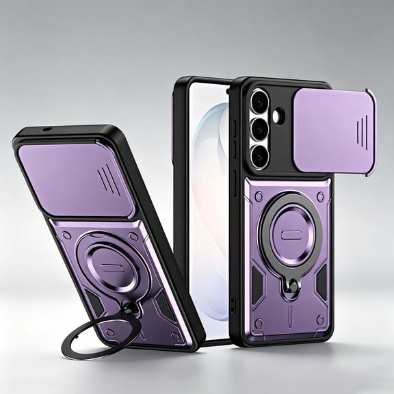 For Samsung Galaxy A07 Rugged Phone Case,360°Rotatable Ring Kickstand,Heavy Duty Shockproof Drop Protection,With Sliding Camera Cover,Non-Slip Anti-Scratch Durable Phone Case Cover,Purple