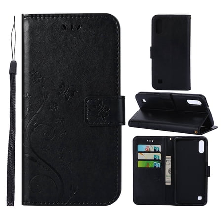 Samsung Galaxy A10 Wallet Case, Dteck Embossed Flower PU Leather Magnetic Flip Stand Case Cover [Built-in Card Slots][w/ Hand Strap] For Samsung Galaxy A10, Black