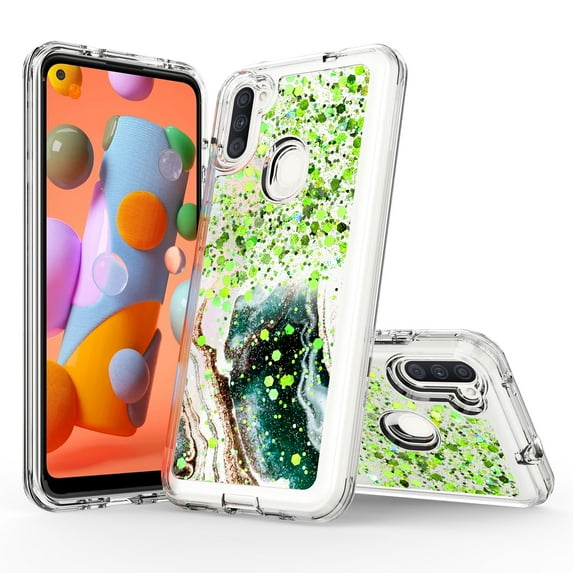 Samsung Galaxy A11 Case, Rosebono Hybrid Bling Glitter Sparkle Epoxy Graphic Marble Colorful Silicone Skin Cover Armor Case for Samsung Galaxy A11 (Green)