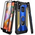 thumbnail image 1 of For Samsung Galaxy A11 Case, with Tempered Glass Screen Protector (Full Coverage), Aluminum Metal Built-in Ring Stand, Full-Body Protective Shockproof Military Bumper Phone Cover (Blue/Gold), 1 of 6
