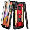 thumbnail image 1 of For Samsung Galaxy A11 Case, with Tempered Glass Screen Protector (Full Coverage), Aluminum Metal Built-in Ring Stand, Full-Body Protective Shockproof Military Bumper Phone Cover (Red/Gold), 1 of 5