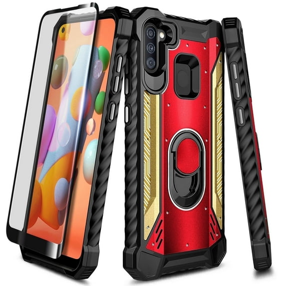 For Samsung Galaxy A11 Case, with Tempered Glass Screen Protector (Full Coverage), Aluminum Metal Built-in Ring Stand, Full-Body Protective Shockproof Military Bumper Phone Cover (Red/Gold)