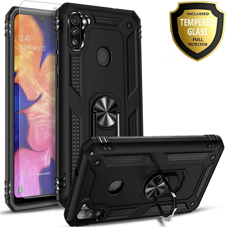 Samsung Galaxy A11 Armor Ring Kickstand Case with Tempered Glass