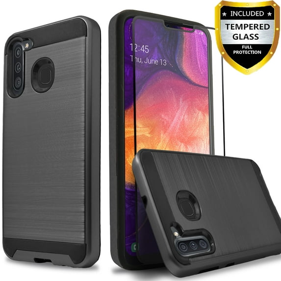 Samsung Galaxy A11 Phone Case, 2-Piece Style Hybrid Shockproof Hard Case Cover with Temerped Glass Screen Protector (Black)