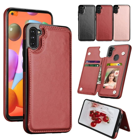 Samsung Galaxy A11 Wallet Case, Takfox Shockproof PU Leather Case with Card Pockets 3 Cards Slots Cash ID Card Flip Phone Cases Cover Kickstand Magnetic Hard Cases For Galaxy A11 US Version, Wine Red