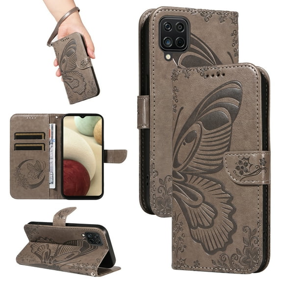 for Samsung Galaxy A12 5G Case Wallet for Women, Flip Folio Cover with Butterfly Pattern PU Leather Stand Card Holder Slots Wrist Strap Protective Phone Case for Samsung Galaxy A12 5G, Gray