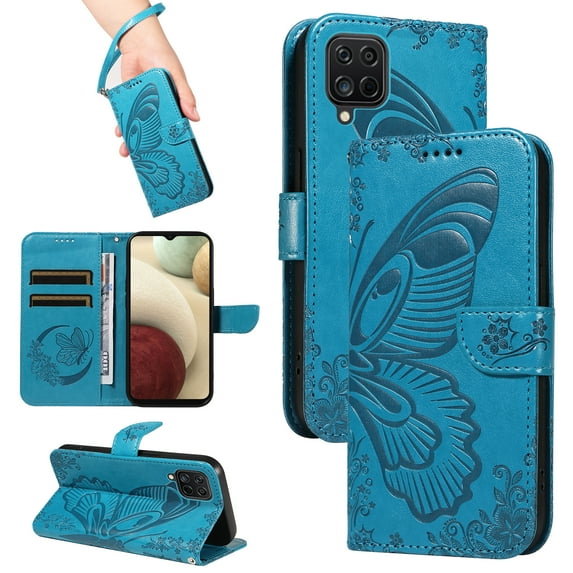 for Samsung Galaxy A12 5G Case Wallet for Women, Flip Folio Cover with Butterfly Pattern PU Leather Stand Card Holder Slots Wrist Strap Protective Phone Case for Samsung Galaxy A12 5G, Blue