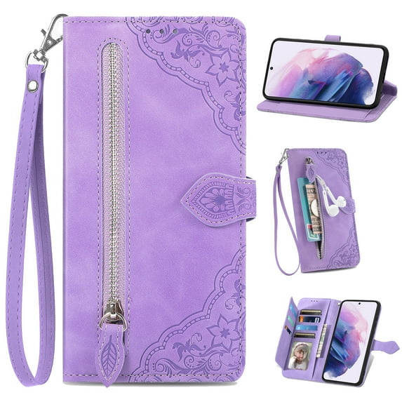 for Samsung Galaxy A12 5G Case for Women,Cute Wallet Case with Zipper Pocket Purse Flower Embossed PU Leather Card Slots Wrist Strap Flip Folio Protective Phone Cover for Samsung Galaxy A12 5G, Purple