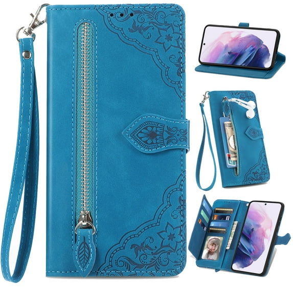 for Samsung Galaxy A12 5G Case for Women,Cute Wallet Case with Zipper Pocket Purse Flower Embossed PU Leather Card Slots Wrist Strap Flip Folio Protective Phone Cover for Samsung Galaxy A12 5G, Blue