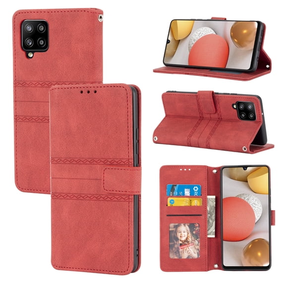 for Samsung Galaxy A12 5G Flip Case, Premium PU Leather Folio Flip with Design Card Slots Wrist Strap Shockproof Kickstand Magnetic Protective Girls Cover for Samsung A12 5G, Red