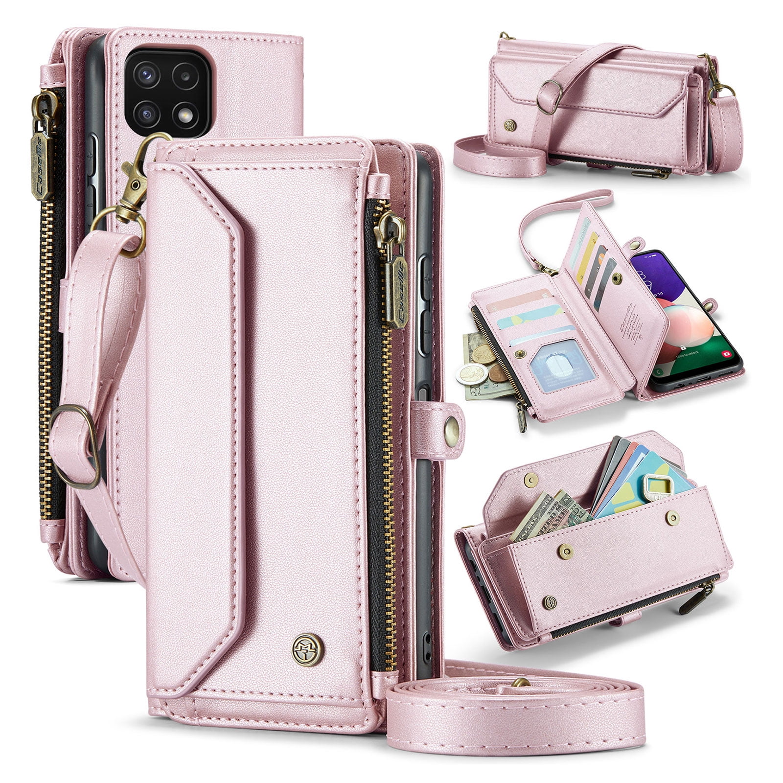 for Samsung Galaxy A12 5G Full Body Protection Wallet Folio Flip Case, Shoulder Strap & Wristlet Card Slots Zipper Pocket RFID Blocking Rugged Durable PU Leather Phone Case Cover, Pink