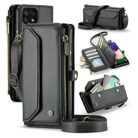 for Samsung Galaxy A12 5G Full Body Protection Wallet Folio Flip Case, Shoulder Strap & Wristlet Card Slots Zipper Pocket RFID Blocking Rugged Durable PU Leather Phone Case Cover, Black
