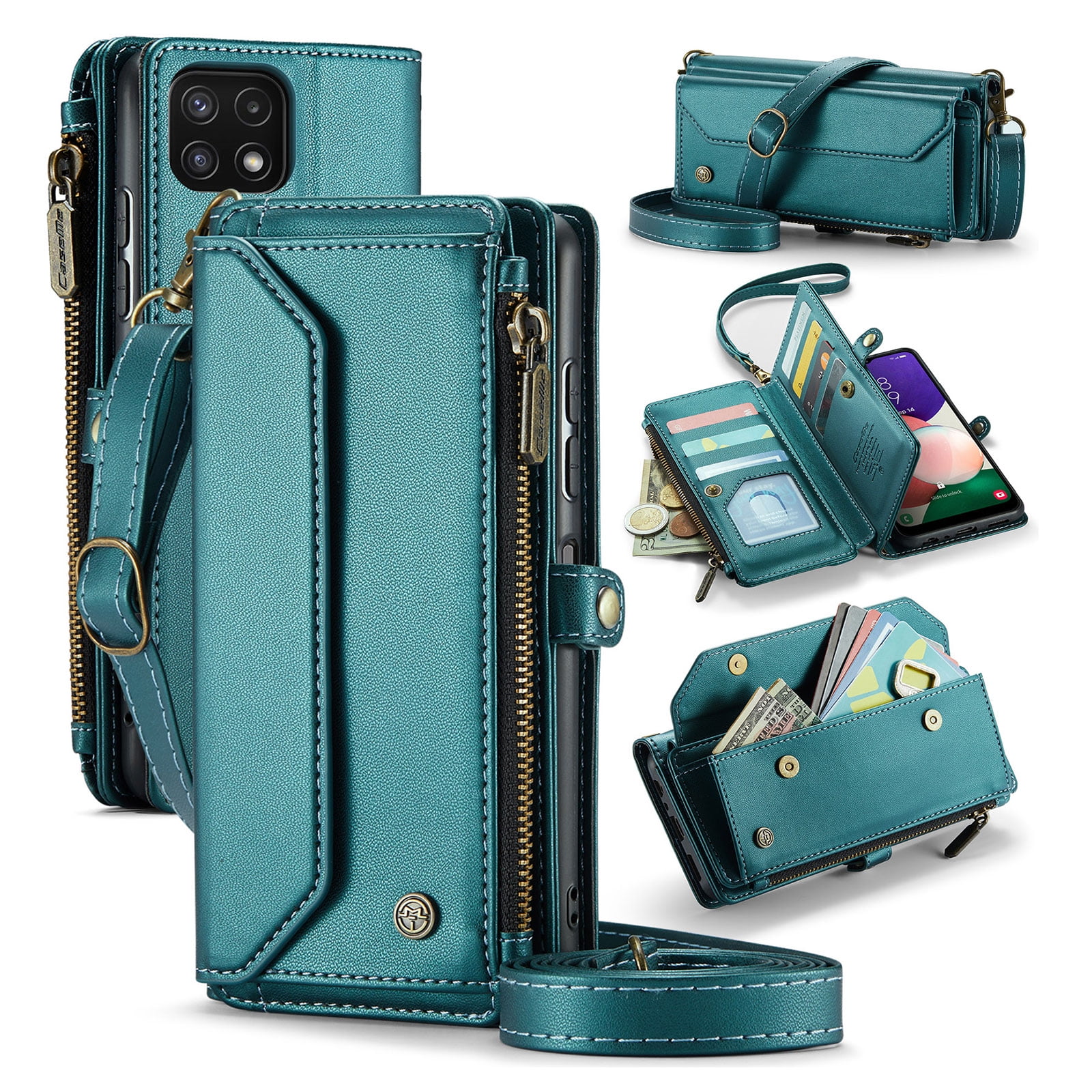 for Samsung Galaxy A12 5G Full Body Protection Wallet Folio Flip Case, Shoulder Strap & Wristlet Card Slots Zipper Pocket RFID Blocking Rugged Durable PU Leather Phone Case Cover, Green