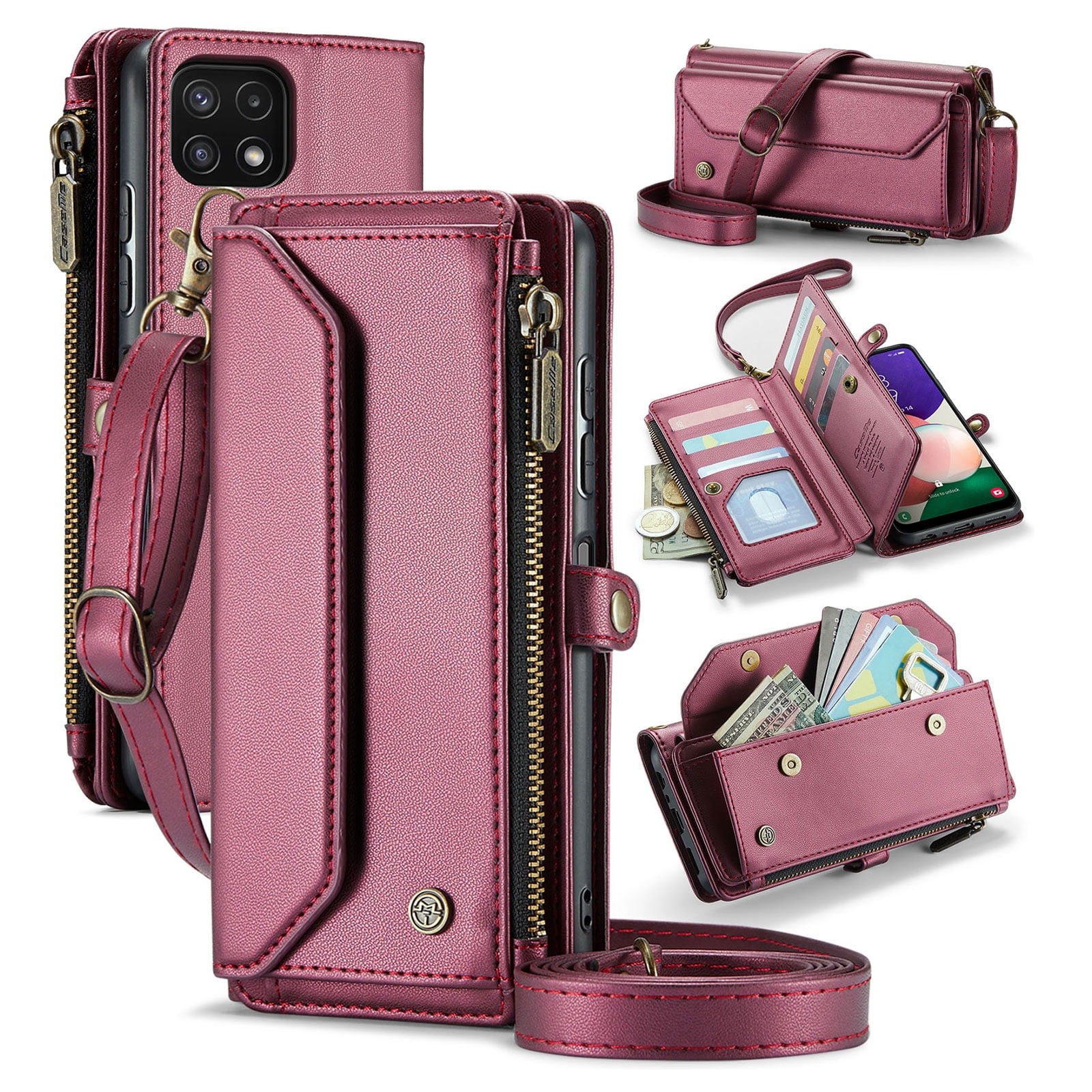 for Samsung Galaxy A12 5G Full Body Protection Wallet Folio Flip Case, Shoulder Strap & Wristlet Card Slots Zipper Pocket RFID Blocking Rugged Durable PU Leather Phone Case Cover, Winered