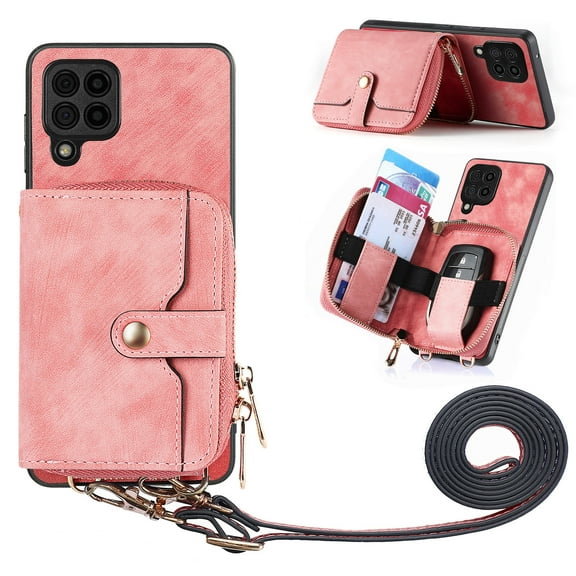 for Samsung Galaxy A12 5G Wallet Case, Crossbody Phone Purse with Card Holder for Women, Zipper PU Leather Carrying Cover Gift with Shoulder Strap Kickstand Anti-drop for A12 5G - Pink
