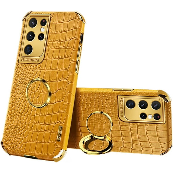 For Samsung Galaxy A12 A13 A23 A32 A21S A50 A70 S 4G 5G Phone Case, Unique Crocodile Pattern Finger Ring Holder Cover, Heat Dissipating lining Reinforced edge Shockproof Bumper(Yellow,A32 4G)