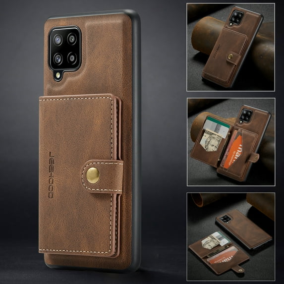 For Samsung Galaxy A12 Case 5G, Wallet with Detachable Magnetic Card Pockets,fit Car Mount, 2 in 1 Durable PU Leather Money Card Sleeve Kickstand Shockproof Protection Back Flip Cover - Brown