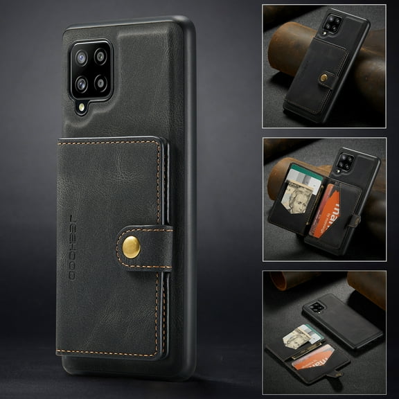 For Samsung Galaxy A12 Case 5G, Wallet with Detachable Magnetic Card Pockets,fit Car Mount, 2 in 1 Durable PU Leather Money Card Sleeve Kickstand Shockproof Protection Back Flip Cover - Black