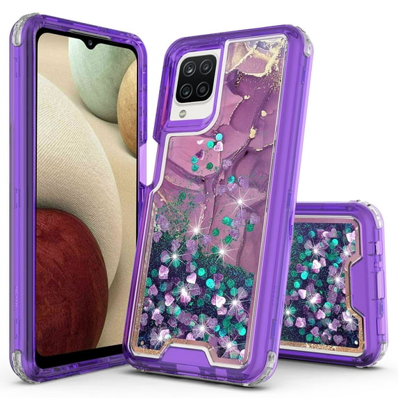 Samsung Galaxy A12 Case, Rosebono 3in1 Hybird Graphic Designed Gradient Quicksand Glitter Liquid Floating with Frame Bumper Protective Armor Case Samsung Galaxy A12 (Purple Marble)