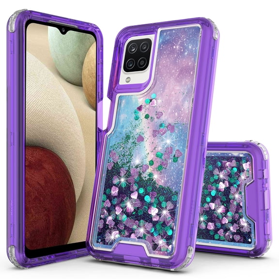 Samsung Galaxy A12 Case, Rosebono 3in1 Hybird Graphic Designed Gradient Quicksand Glitter Liquid Floating Protective Armor Case for Samsung Galaxy A12 (Galaxy Cloud)