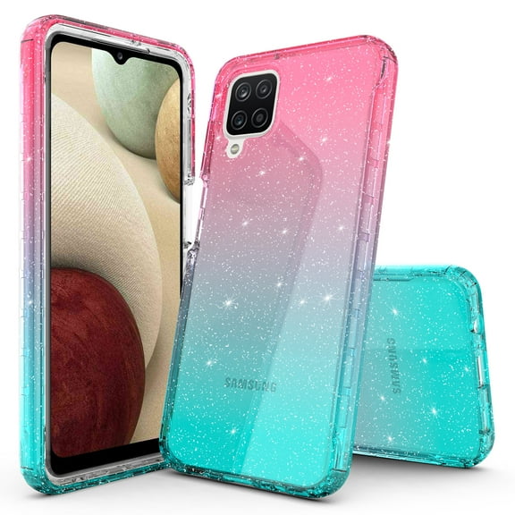 Samsung Galaxy A12 Case, Rosebono Hybrid Glitter Sparkle Transparent Colorful Gradient TPU Skin Cover 360 Protection Case For Samsung Galaxy A12 (Pink/Teal)