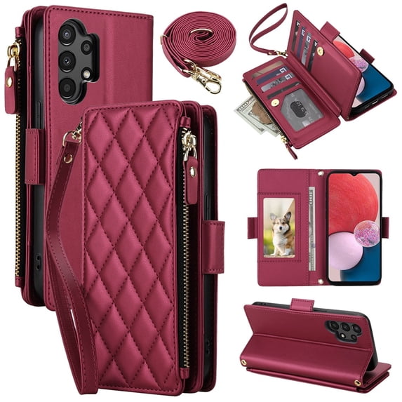 For Samsung Galaxy A13 4G/5G/A04S/A04/M13 5G RFID Blocking Wallet Case, Crossbody Purse Phone Case with 9 Card Slots, Zipper Pocket & Detachable Strap,Red