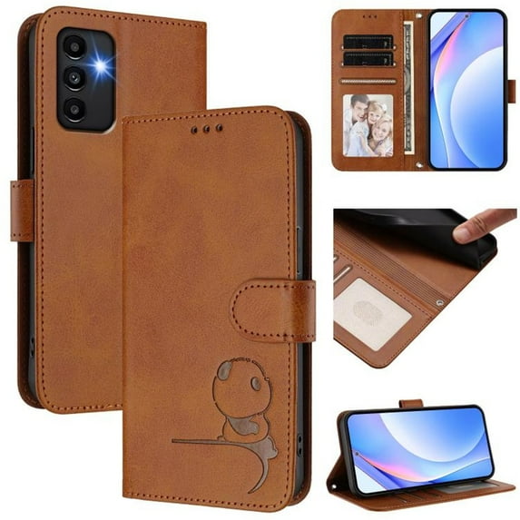 For Samsung Galaxy A13 4G / 5G Litter Panda Embossing Leather Phone Case with RFID Blocking Card Slot Wallet Magnetic Clasp Lanyard Flip Stand Case,Brown,For Galaxy A13 4G / 5G