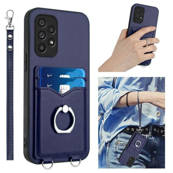 for Samsung Galaxy A13 4G Case, Card Holder Wallet Case, Ring Holder Stand, Wrist Hand Strap, PU Leather Anti-Scratch Shockproof Protective Flip Phone Cover for Samsung Galaxy A13 4G Case, Blue