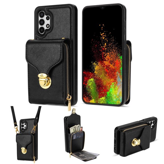 for Samsung Galaxy A13 4G Case Wallet with Shoulder Strap for Women - Crossbody Lanyard,Zipper Pocket,Credit Card Holder,Shockproof - Metal Buckle Closure Premium PU Leather Case, Black
