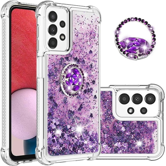 for Samsung Galaxy A13 4G (Not 5G) Glitter Case with Ring Holder, Bling Sparkle Floating Liquid Soft TPU Cushion Fashion Clear Case Cover for Samsung Galaxy A13/A13 4G Lite Purple