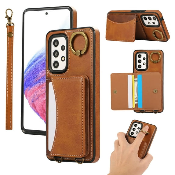 for Samsung Galaxy A13 4G Wallet Case with Card Slots, Hand Wrist Strap Rotate Ring Design, Finger Grip Ring PU Leather Magnetic Button Shockproof Purse Phone Cover for Galaxy A13 4G, Brown