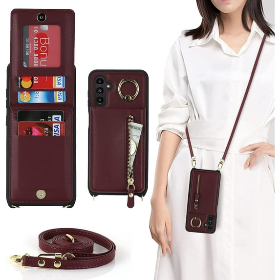 Samsung Galaxy A13 5G/4G Case with Card Holder for Women, Galaxy A13 5G/4G Phone Case Wallet with Strap Credit Card Slots Crossbody with Zipper Shockproof Case for A13 5G/4G - Red Wine