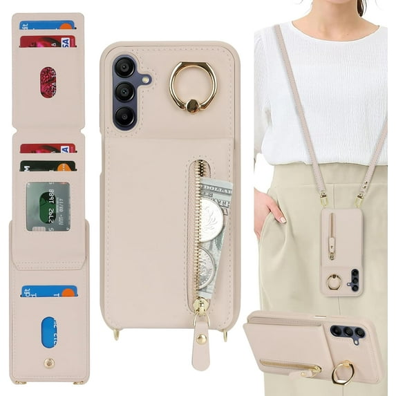 Samsung Galaxy A13 5G/4G Case with Card Holder for Women, Galaxy A13 5G/4G Phone Case Wallet with Strap Credit Card Slots Crossbody with Zipper Shockproof Case for A13 5G/4G - Warm White