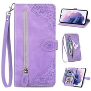 for Samsung Galaxy A13 5G 6.5 inch Case, Wallet for Women Men, Durable PU Leather Magnetic Flip Lanyard Strap Wristlet Zipper Card Holder Wallet Phone Case for Samsung Galaxy A13 5G,Purple
