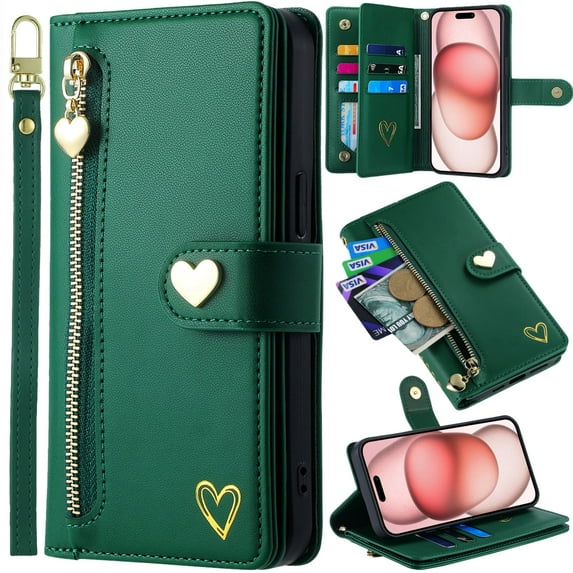 for Samsung Galaxy A13 (5G)/ A04S Phone Case Leather Wallet Pocket Folio Flip Cover Kickstand, 3 Layer Multi Card Holder Cash Slot Photo Bag, Golden Love Zipper Puller + Magnetic Buckle, Wrist Strap