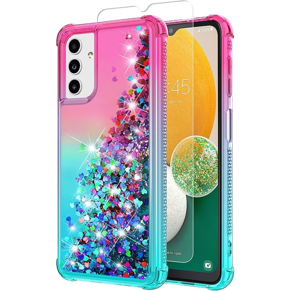 for Samsung Galaxy A13 5G Case,Galaxy A13 5G Case,with HD Screen Protector,Gradient Quicksand Glitter Liquid Floating Waterfall Durable Girls Cute Phone Case for Samsung A13 5G (Pink/Teal)