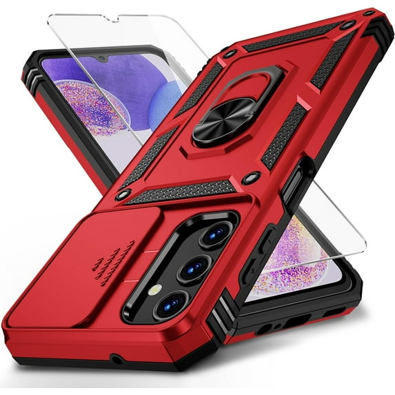 for Samsung Galaxy A13 5G Case, Galaxy A13 5G Phone Case,Slide Camera Cover HD Screen Protector Grade Ring Holder Shockproof Kickstand Protective Case, Red