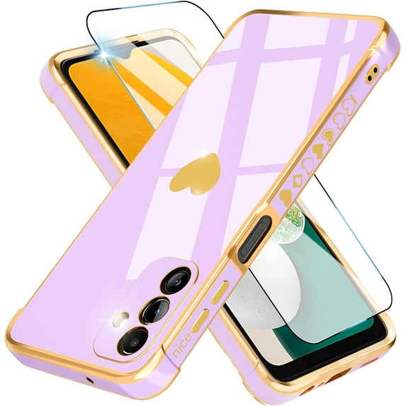 for Samsung Galaxy A13 5G Case with HD Screen Protector with Full Camera Protection, Love Heart Plating Girly Women Cute Soft TPU Luxury Elegant Case for Galaxy A13 5G Case, Purple