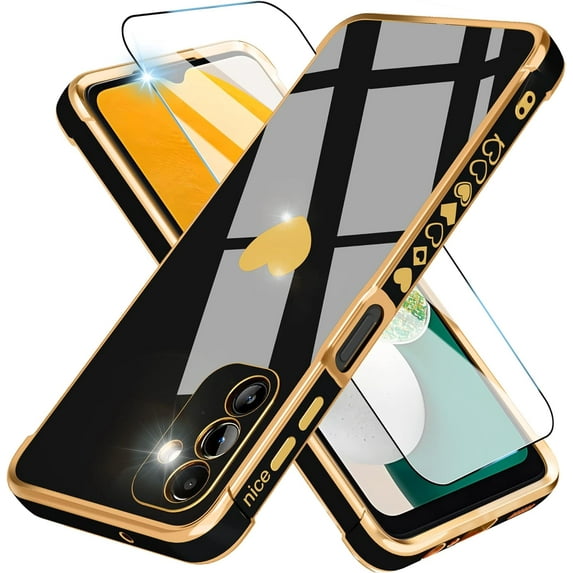 for Samsung Galaxy A13 5G Case with HD Screen Protector with Full Camera Protection, Love Heart Plating Girly Women Cute Soft TPU Luxury Elegant Case for Galaxy A13 5G Case, Black