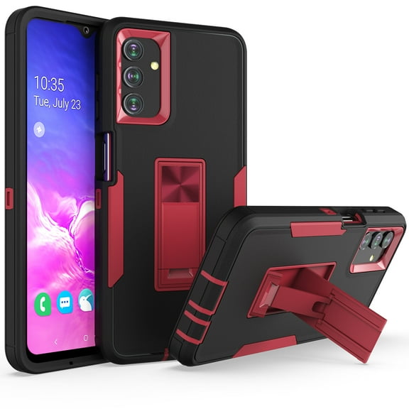 for Samsung Galaxy A13 5G Case: Military Grade Protection Shockproof Phone Cover Build-in Hidden Kickstand & Rugged TPU Shell | Matte Durable Drop Proof Heavy Duty Case,Black+Winered