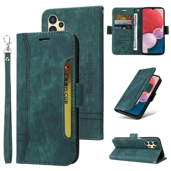 for Samsung Galaxy A13 5G Flip Case, Slide Card Pocket Premium PU Leather Folio Flip with Design Card Slots Wrist Strap Shockproof Kickstand Magnetic Protective Cover for Samsung A13 5G, Green
