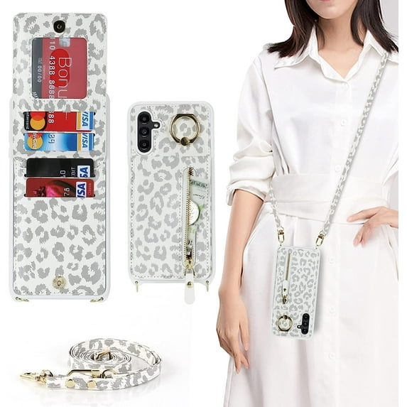 Samsung Galaxy A13 5G Phone Case for Women with Card Holder,Samsung A13 Case Wallet Crossbody Lanyard with Strap,Credit Card Slots Kickstand Case with Ring Holder,White Leopard